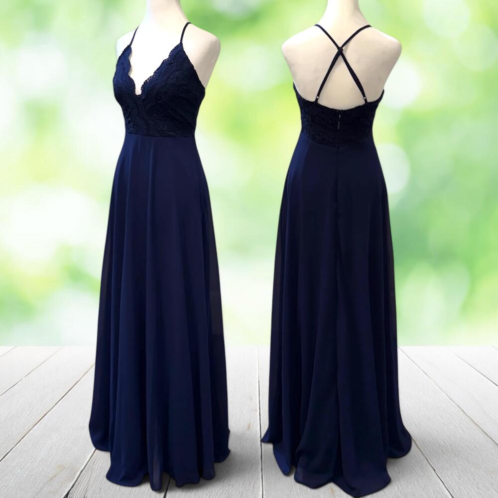 LULUS Formal Gown Maxi Dress Lace Bodice Chiffon Criss Cross Navy Blue Size S